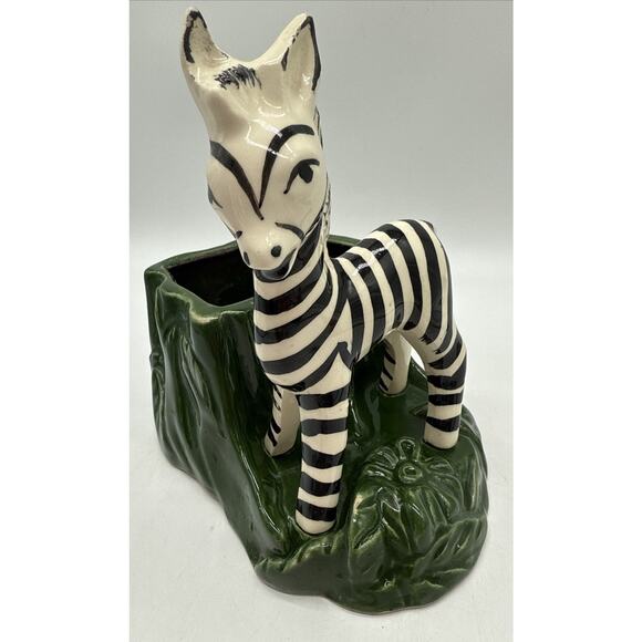 Vintage Shawnee Pottery Zebra Standing By Green Stump Planter 7” - Picture 2 of 7
